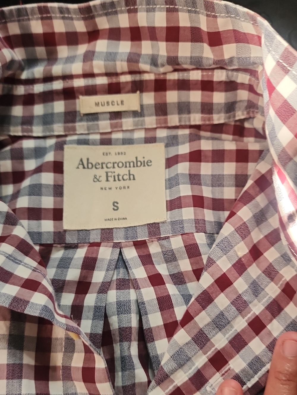 Abercrombie & Fitch Men's Burgundy and Light Blue Check Button-Down Shirt